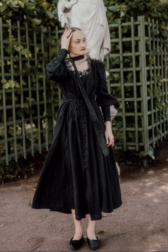 Josefina 19 | Dreamy Pleated Linen Dress Gown Black / XL Josefina 19 | Dreamy Pleated Linen Dress Gown Black / XL