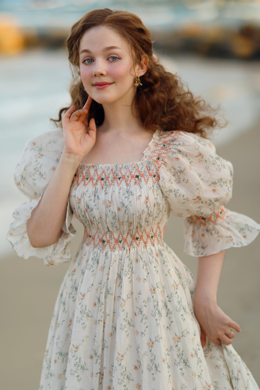 Cloud 21 | smocking embroidery linen dress Cream Floral / XS Cloud 21 | smocking embroidery linen dress Cream Floral / XS