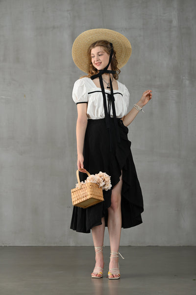 Clover 32 | Wrap linen skirt in black/white