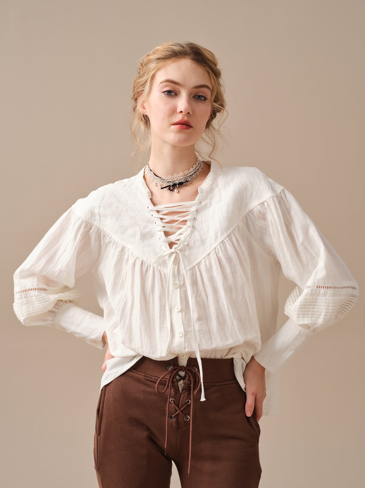 NERIA 21 | Lace up linen shirt blouse