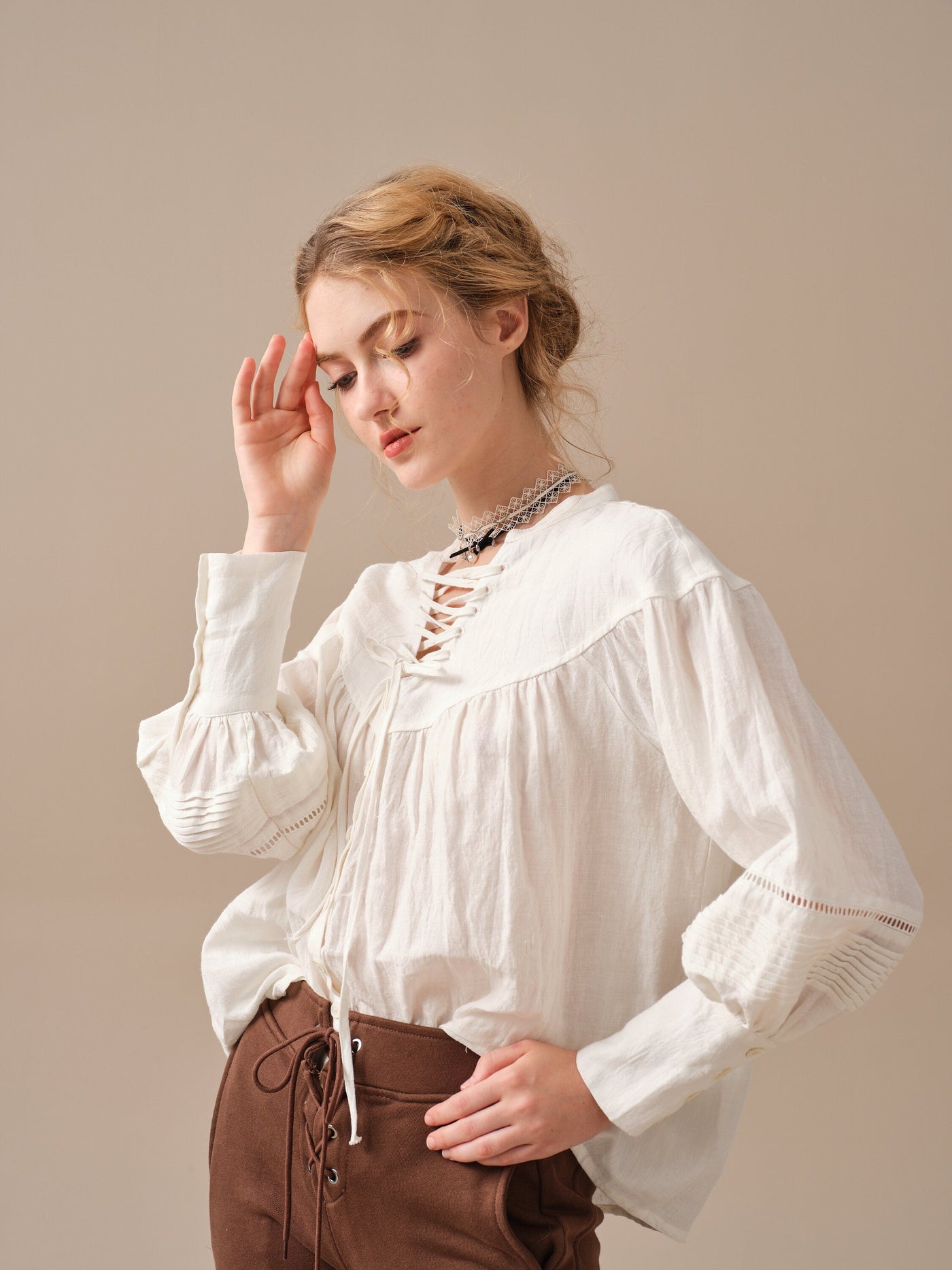 NERIA 21 | Lace up linen shirt blouse