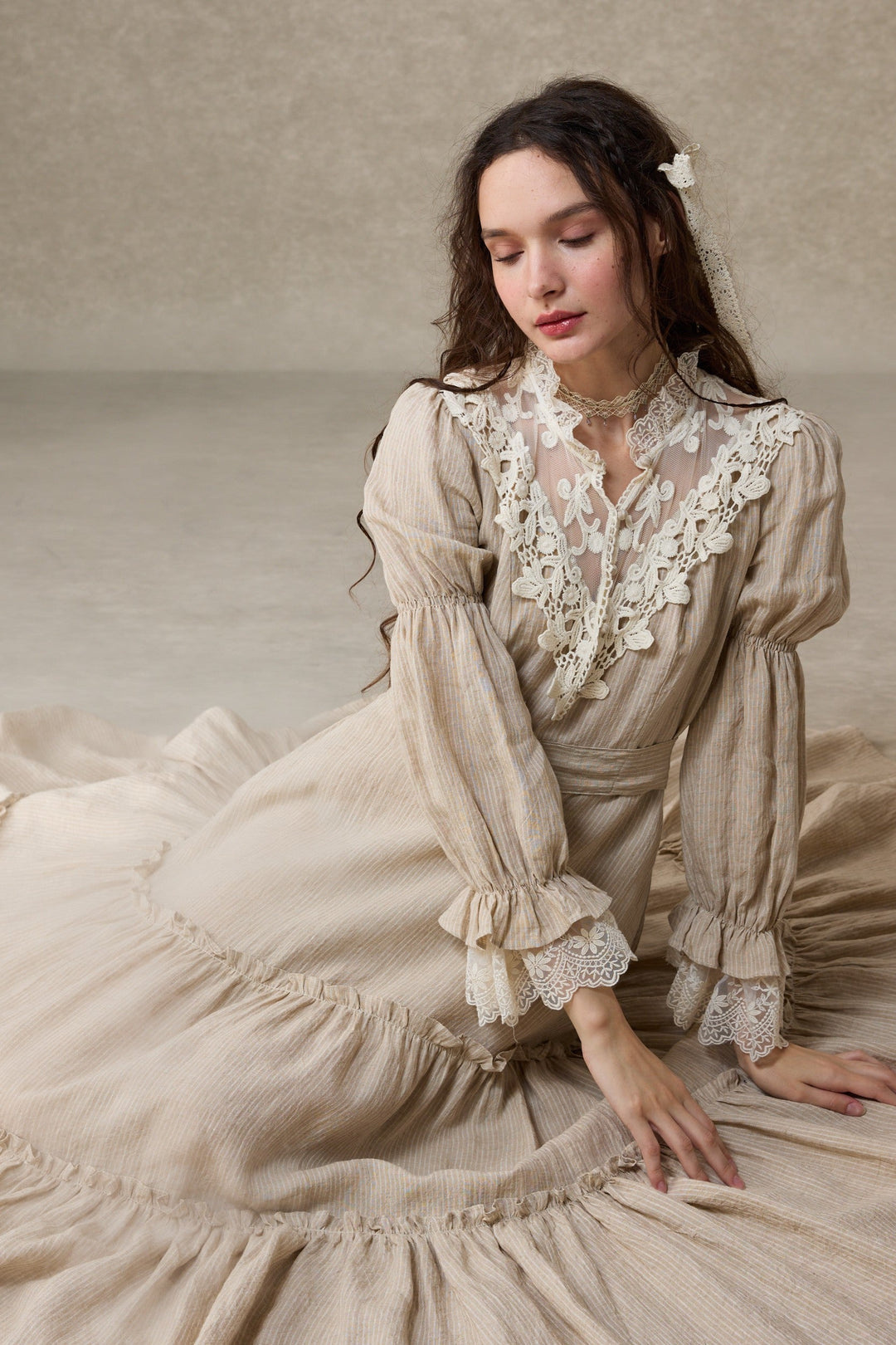 Leona 21 | Lace Maxi Linen Dress Beige / XL Leona 21 | Lace Maxi Linen Dress Beige / XL