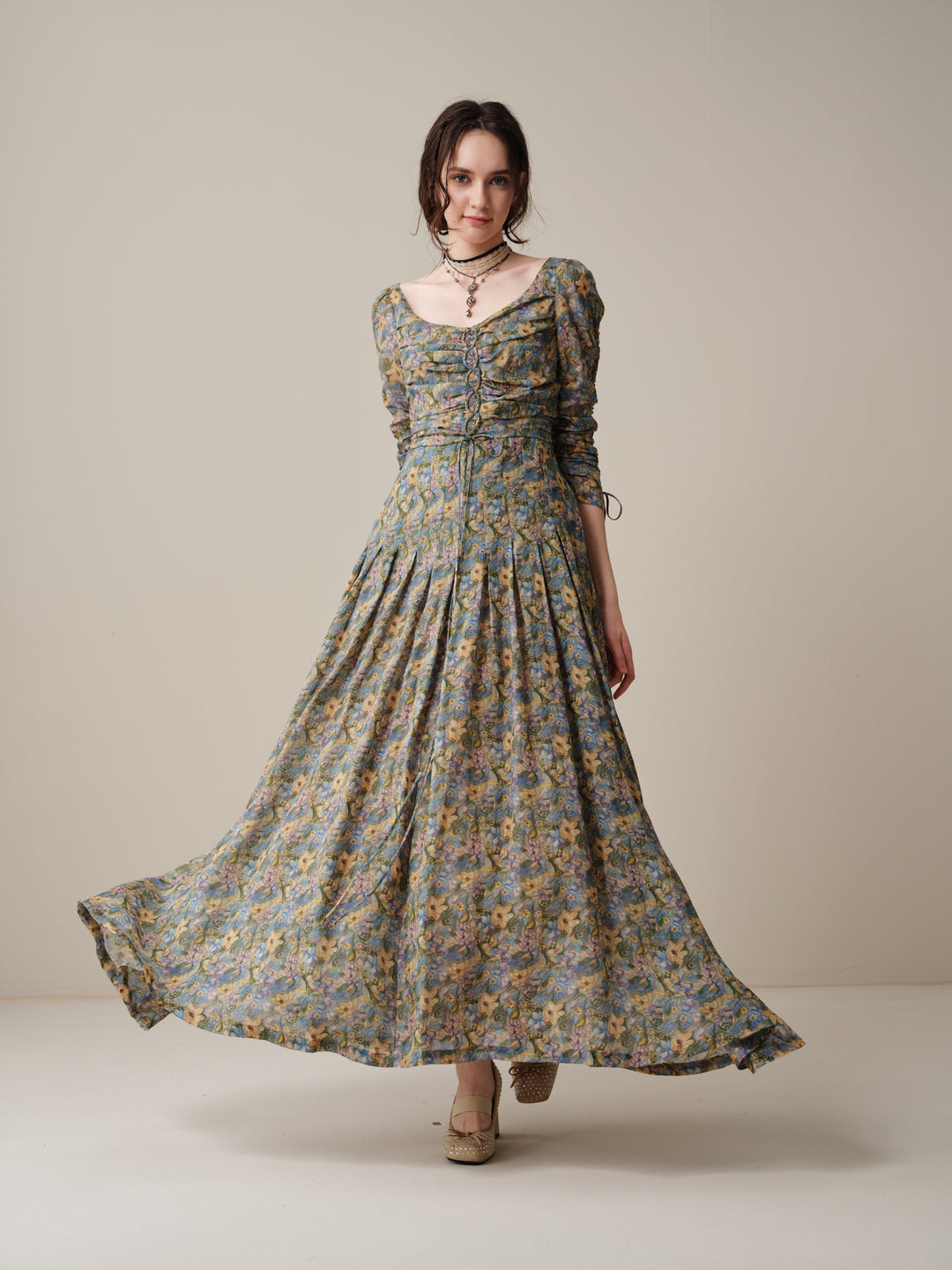 Emma 11 | Lace-Up Ruched Linen Maxi Dress