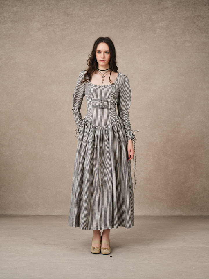 Clara 08 | Buckled Corset Striped Linen Dress