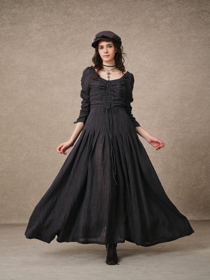 Emma 11 | Lace-Up Ruched Linen Maxi Dress