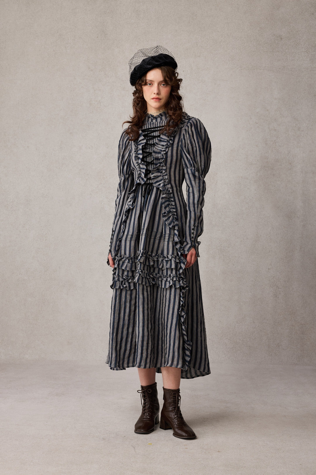 Elizabeth 15 | Victorian Linen Dress Sienna stripes / 3XL Elizabeth 15 | Victorian Linen Dress Sienna stripes / 3XL