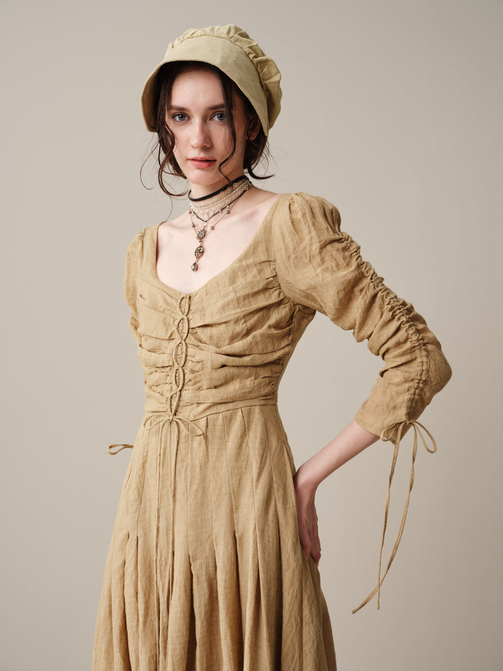 Emma 11 | Lace-Up Ruched Linen Maxi Dress