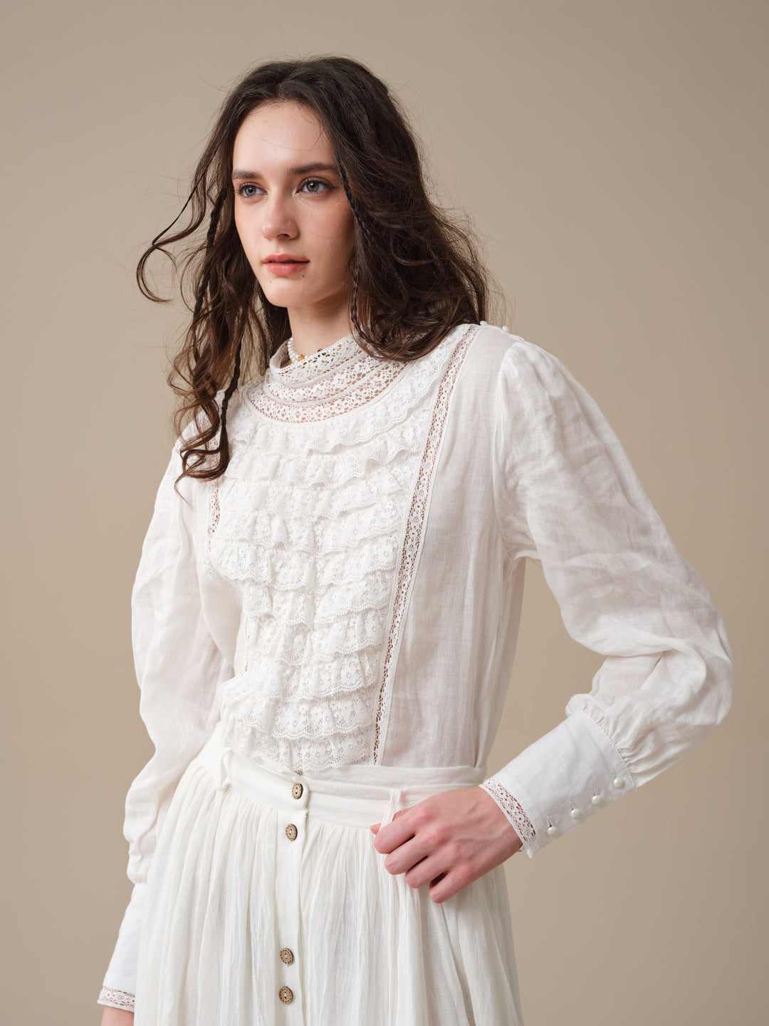 Stella 06 | Ruffled High-Neck Linen Blouse