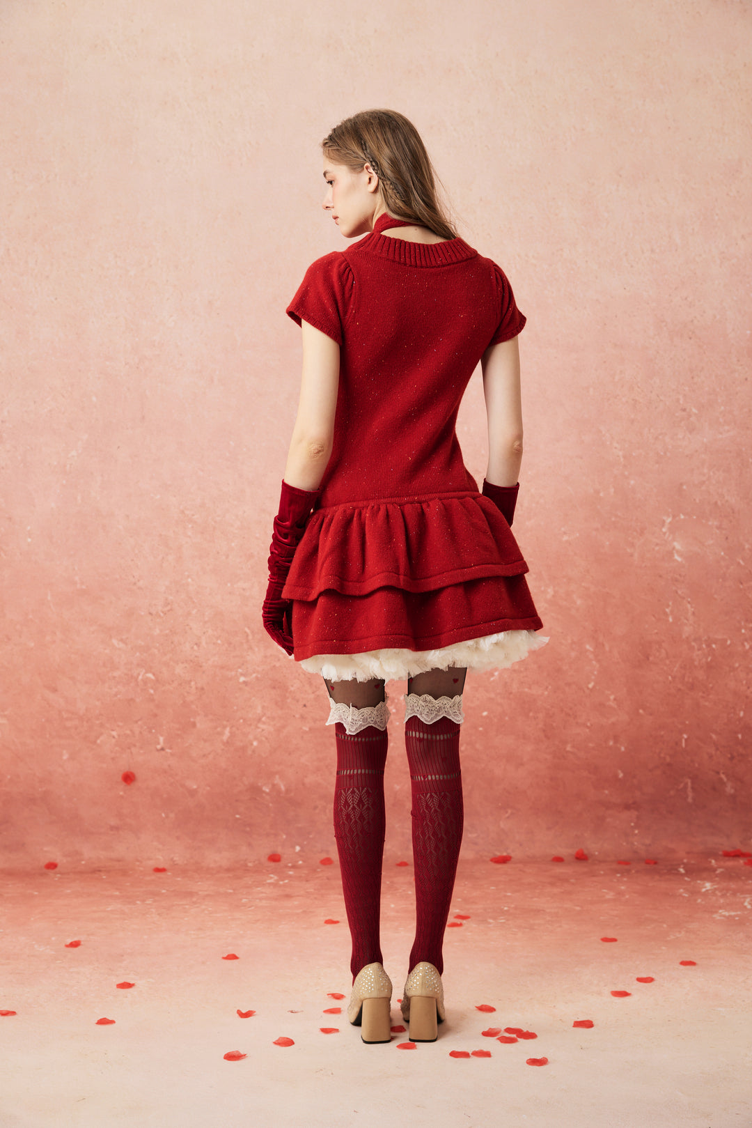 Lilypond 13 | 100% Wool Cable Knit Tiered Dress with scarf