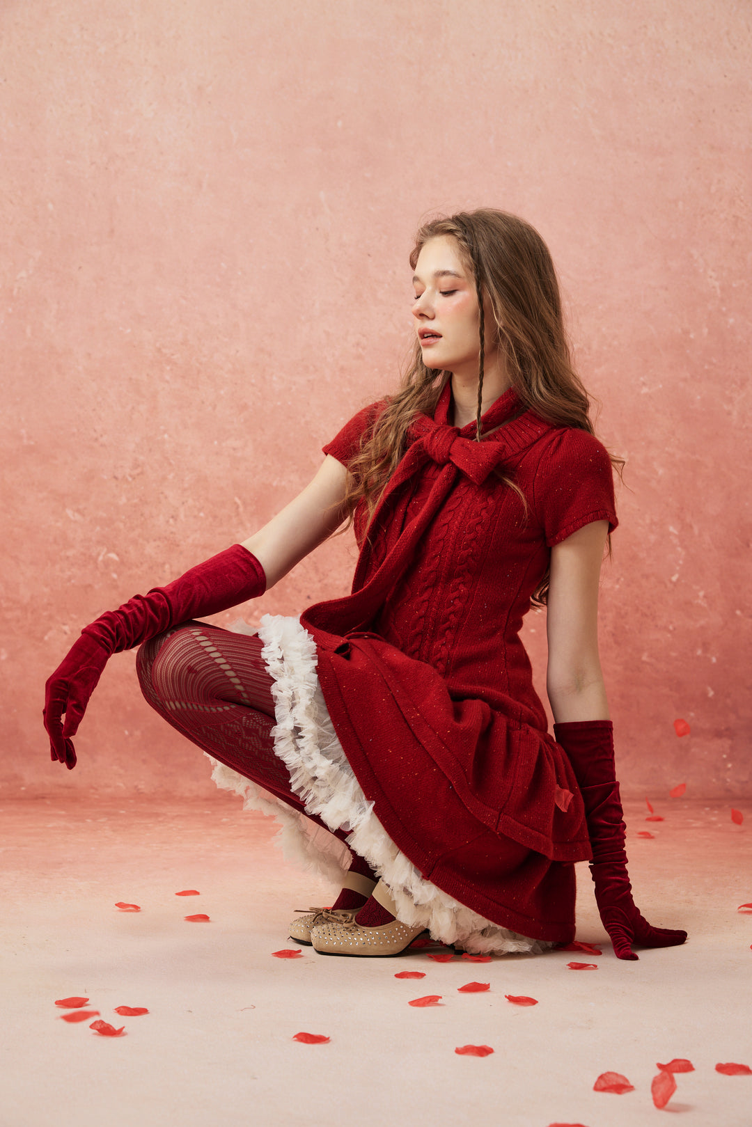 Lilypond 13 | 100% Wool Cable Knit Tiered Dress with scarf