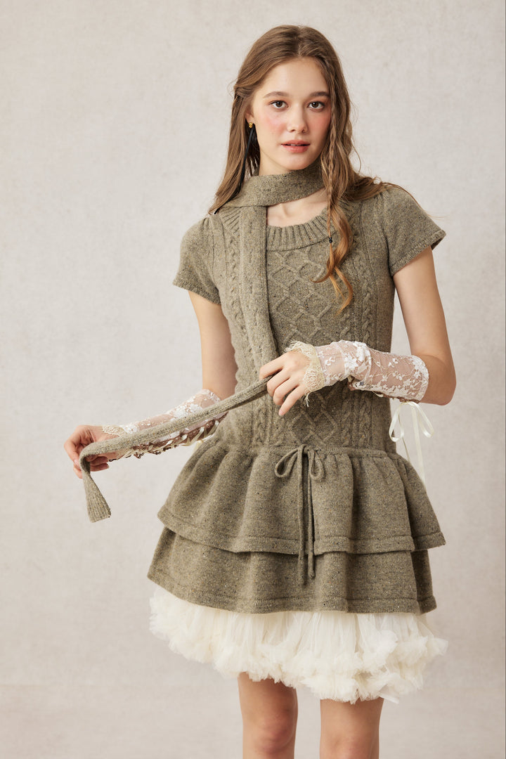 Lilypond 13 | 100% Wool Cable Knit Tiered Dress with scarf