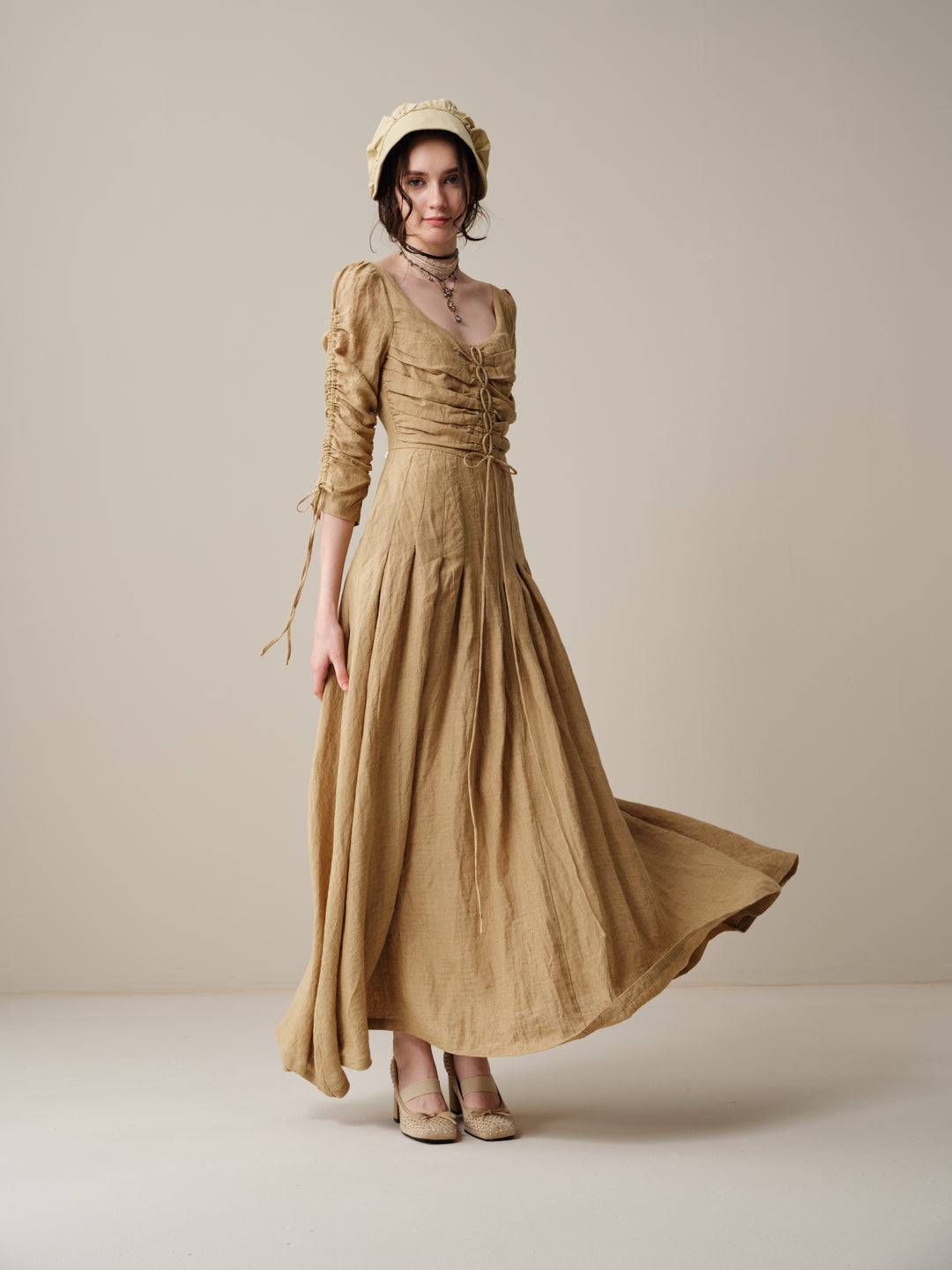 Emma 11 | Lace-Up Ruched Linen Maxi Dress