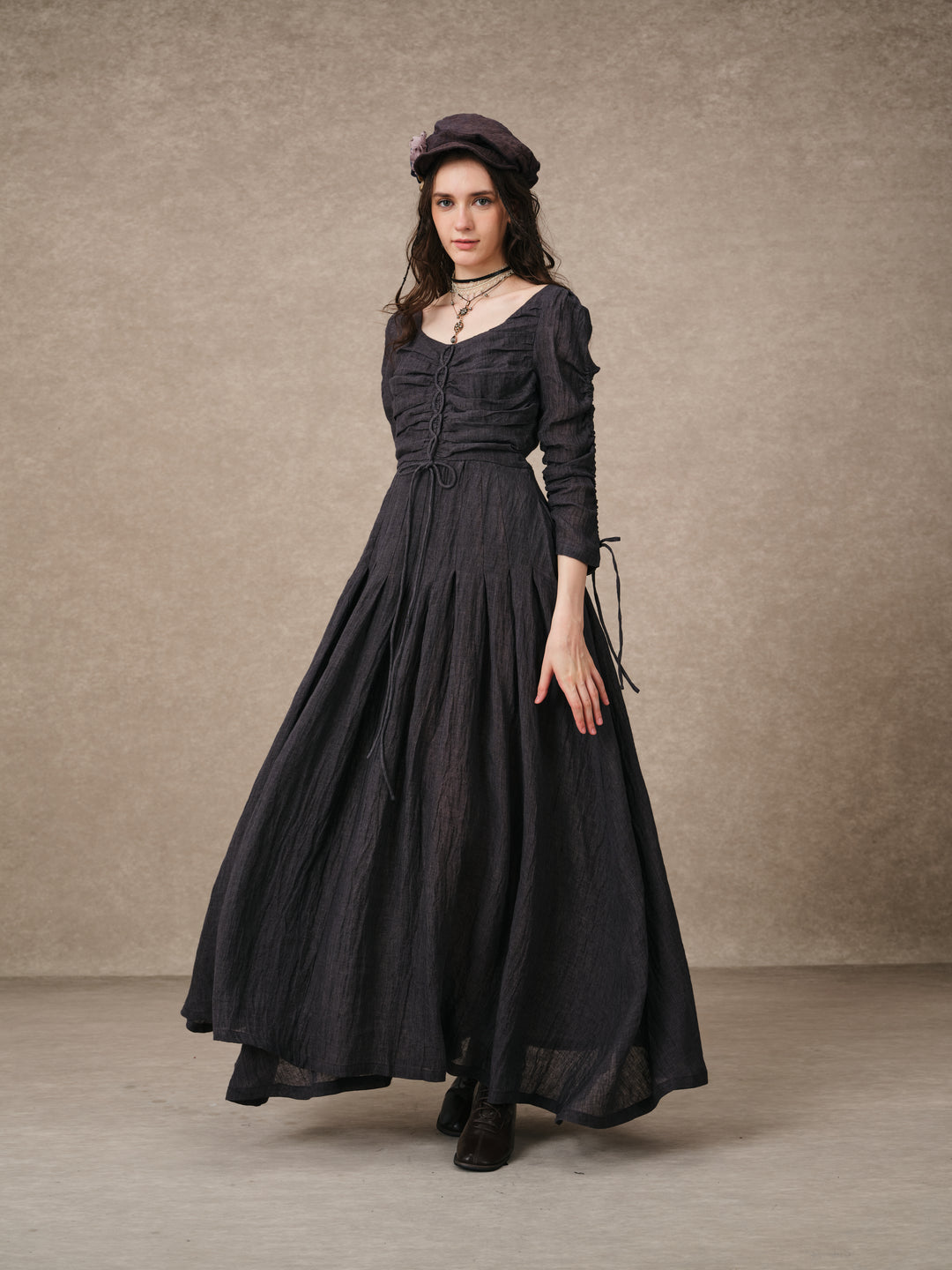 Emma 11 | Lace-Up Ruched Linen Maxi Dress