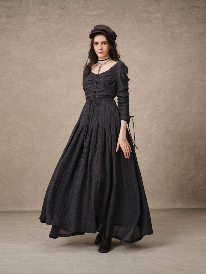 Emma 11 | Lace-Up Ruched Linen Maxi Dress