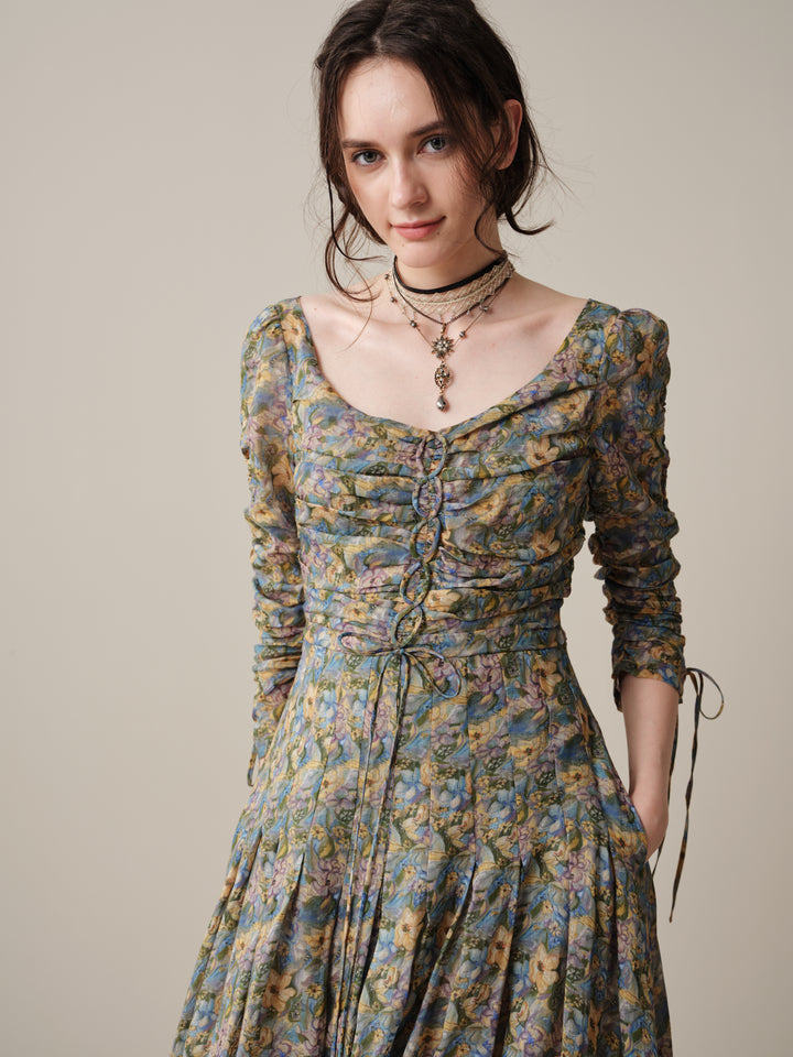 Emma 11 | Lace-Up Ruched Linen Maxi Dress