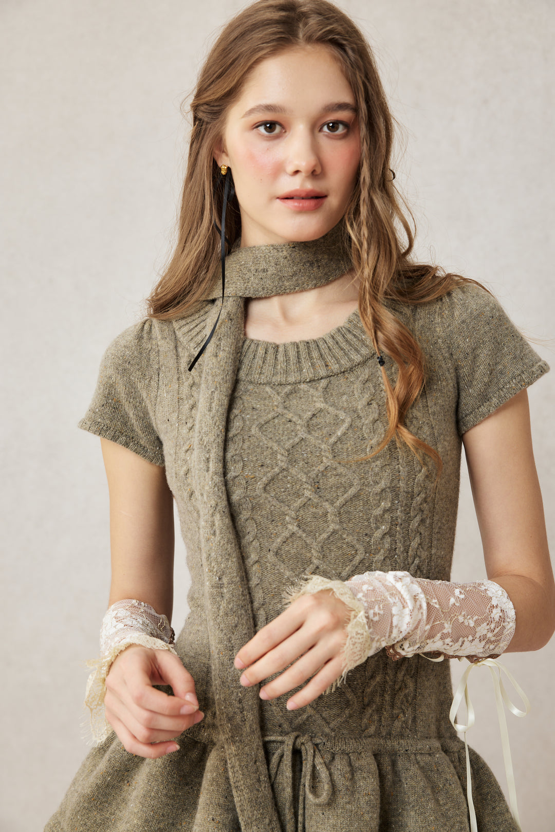 Lilypond 13 | 100% Wool Cable Knit Tiered Dress with scarf