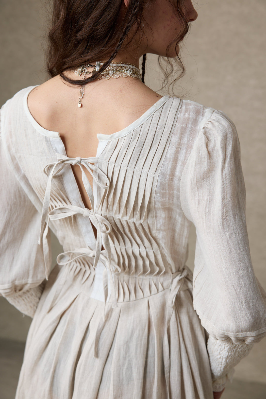 Eliana 15 | Pintucked Patchwork Linen Dress Off-White / XL Eliana 15 | Pintucked Patchwork Linen Dress Off-White / XL
