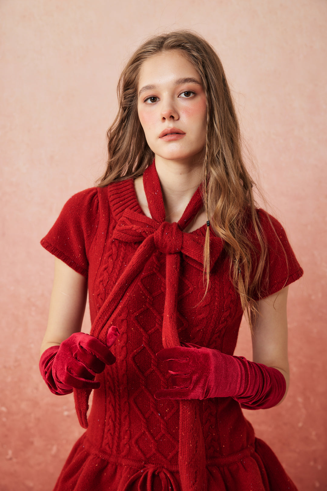 Lilypond 13 | 100% Wool Cable Knit Tiered Dress with scarf