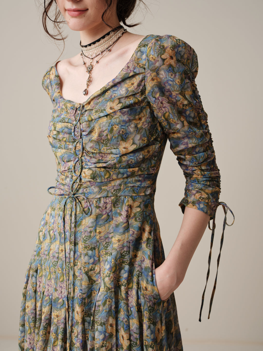 Emma 11 | Lace-Up Ruched Linen Maxi Dress
