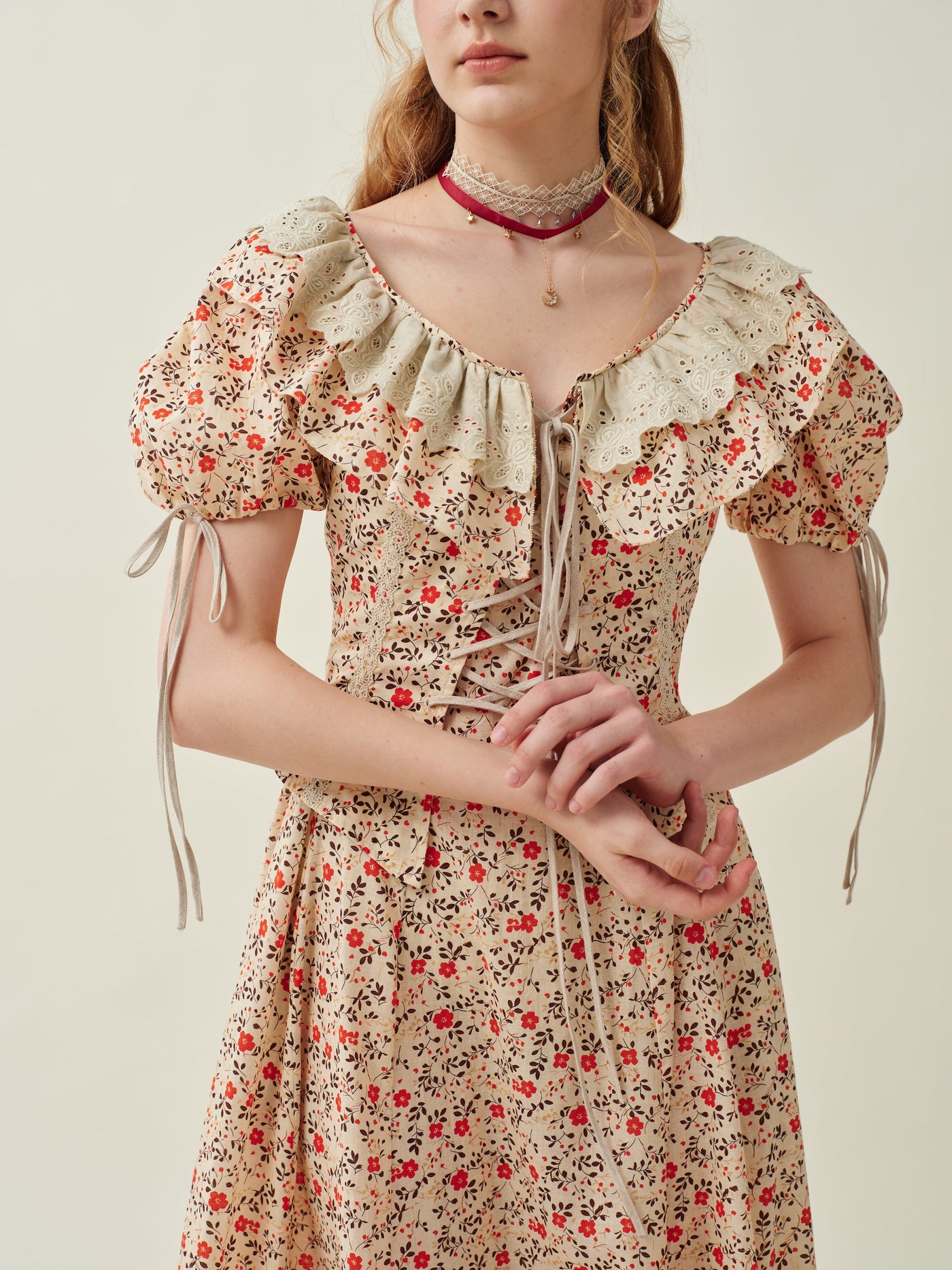 Leanne 17 | lace up floral linen dress with lace