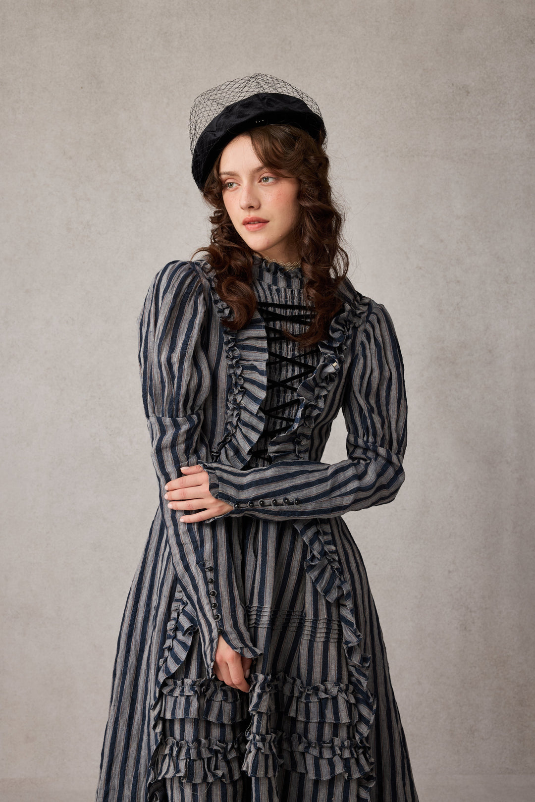 Elizabeth 15 | Victorian Linen Dress Sienna stripes / 3XL Elizabeth 15 | Victorian Linen Dress Sienna stripes / 3XL