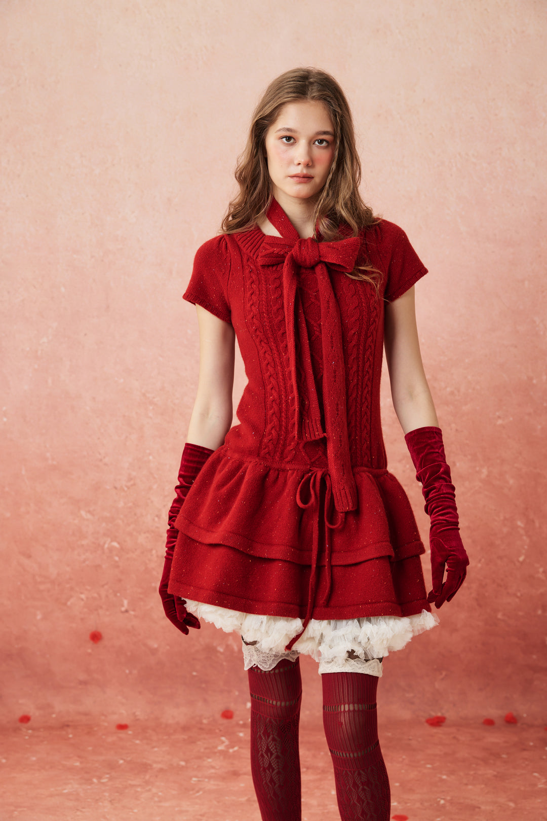 Lilypond 13 | 100% Wool Cable Knit Tiered Dress with scarf