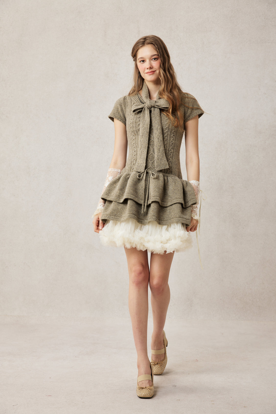 Lilypond 13 | 100% Wool Cable Knit Tiered Dress with scarf