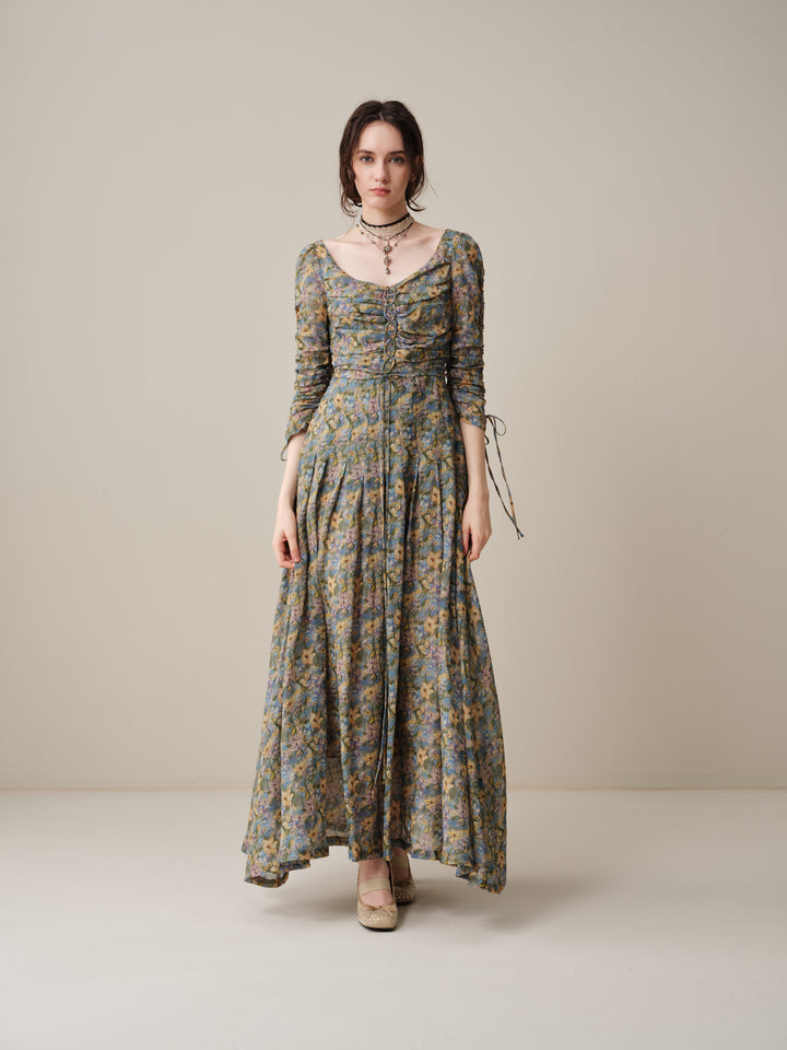 Emma 11 | Lace-Up Ruched Linen Maxi Dress