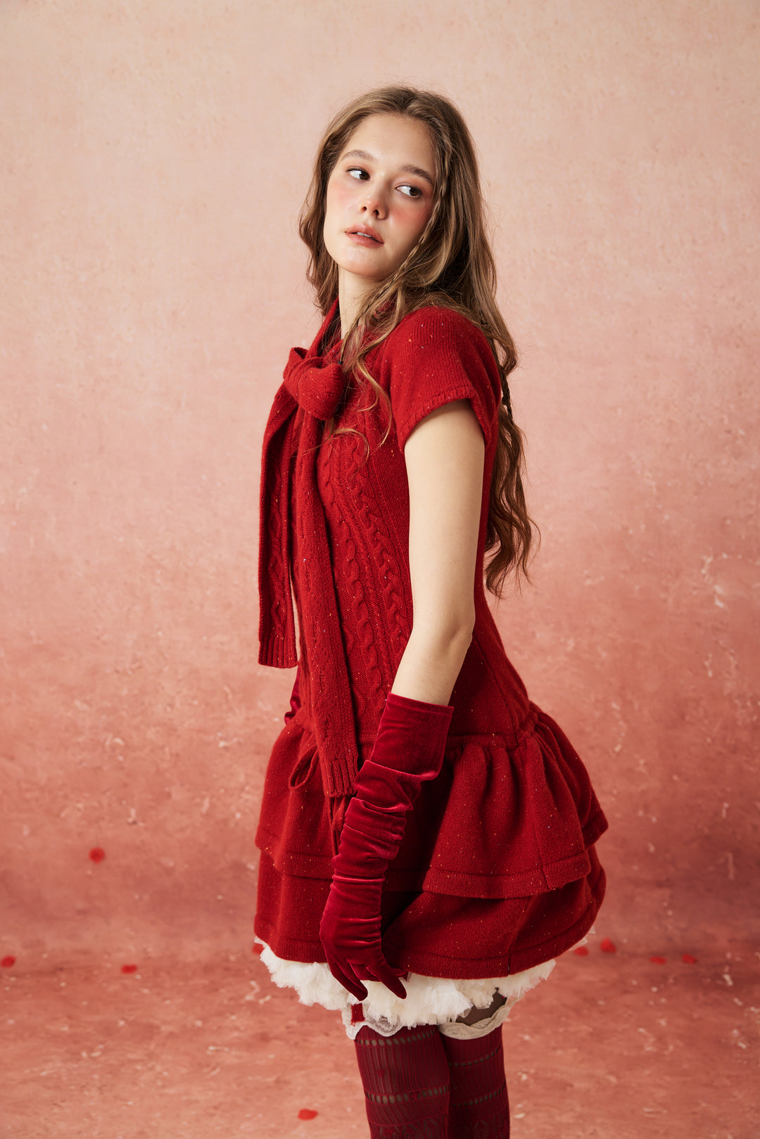 Lilypond 13 | 100% Wool Cable Knit Tiered Dress with scarf