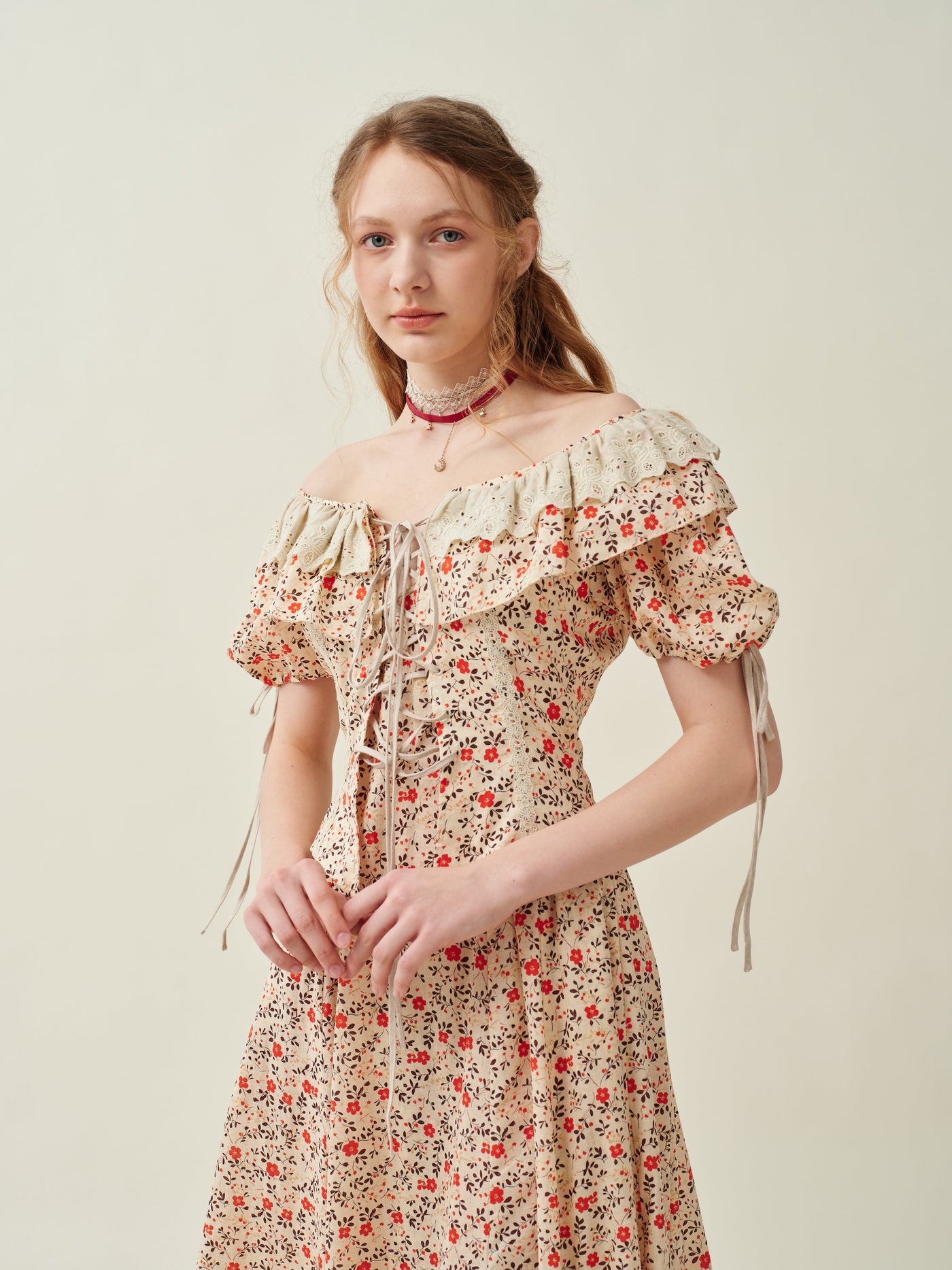 Leanne 17 | lace up floral linen dress with lace