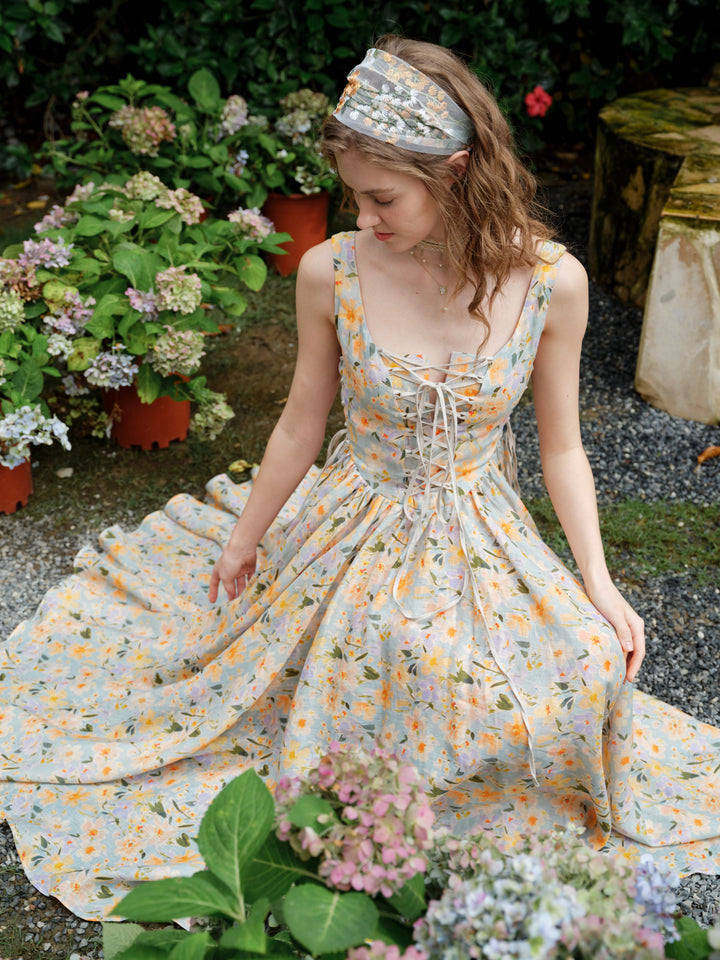 Adelia 17 | lace up daisy linen dress
