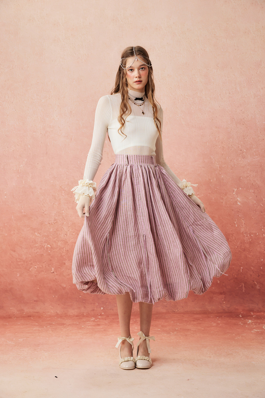 Camellia Bubble 22 | Drawstring Bubble Linen Skirt Blush Pink Stripes / 2XL Camellia Bubble 22 | Drawstring Bubble Linen Skirt Blush Pink Stripes / 2XL