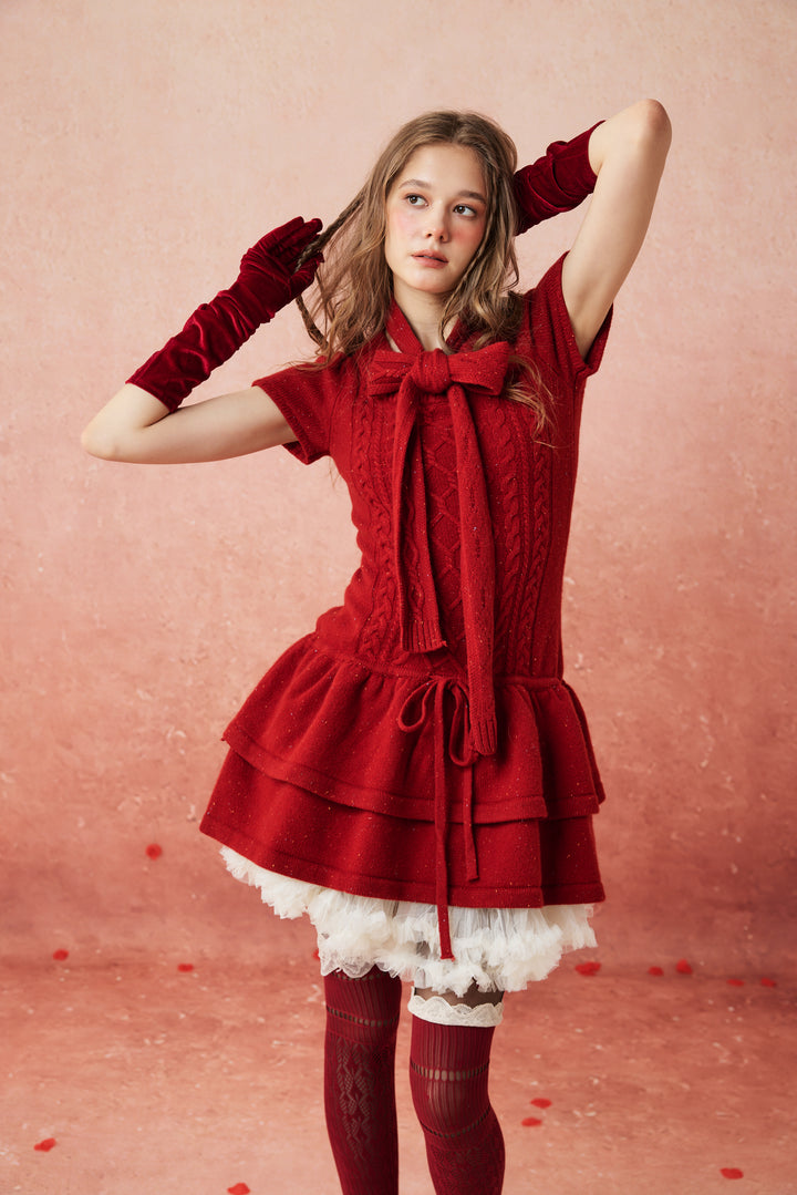 Lilypond 13 | 100% Wool Cable Knit Tiered Dress with scarf
