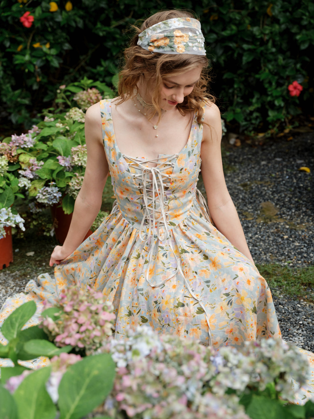 Adelia 17 | lace up daisy linen dress