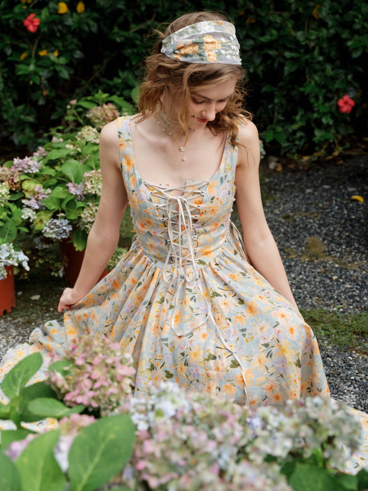Adelia 17 | lace up daisy linen dress