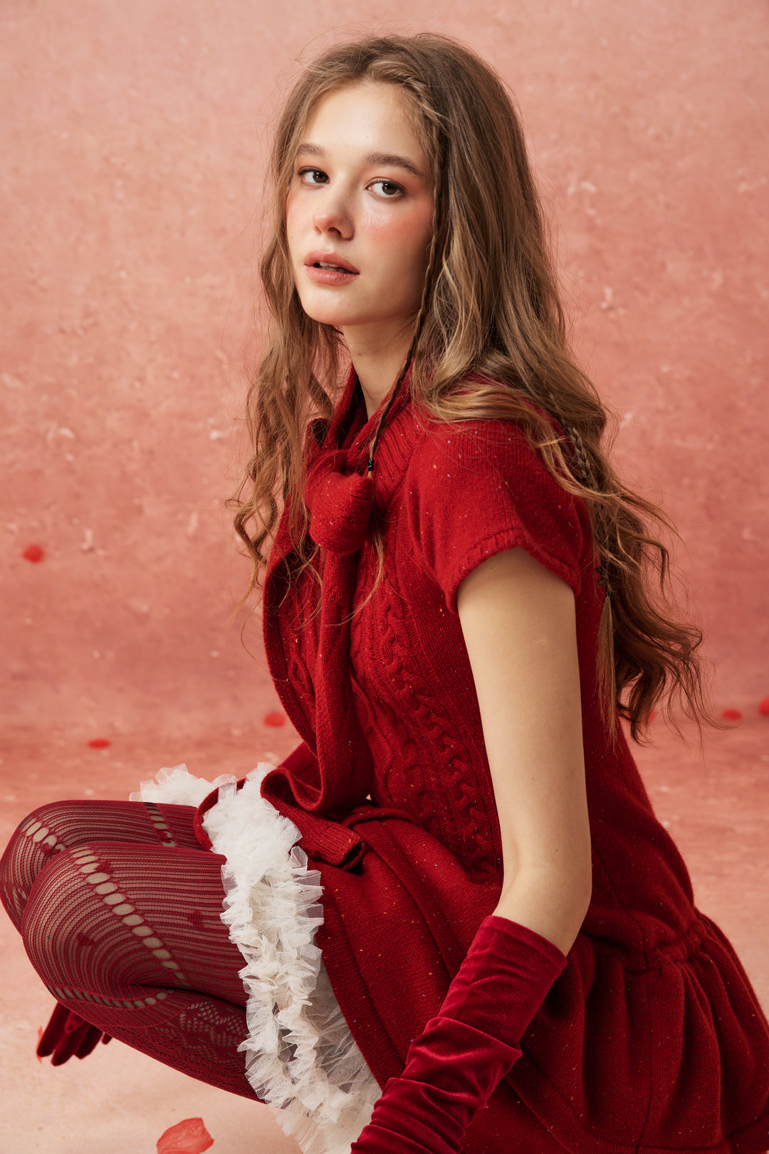 Lilypond 13 | 100% Wool Cable Knit Tiered Dress with scarf