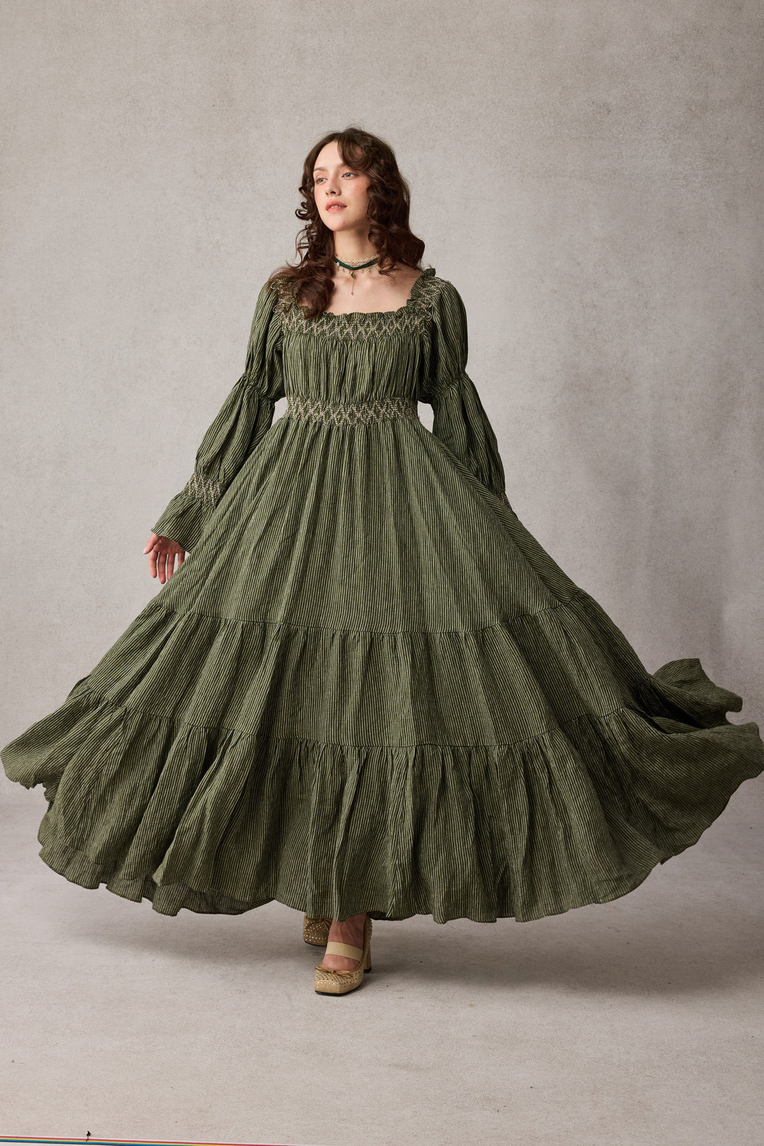 Cloud 21 | smocking embroidery linen dress Clover green stripe / XS Cloud 21 | smocking embroidery linen dress Clover green stripe / XS