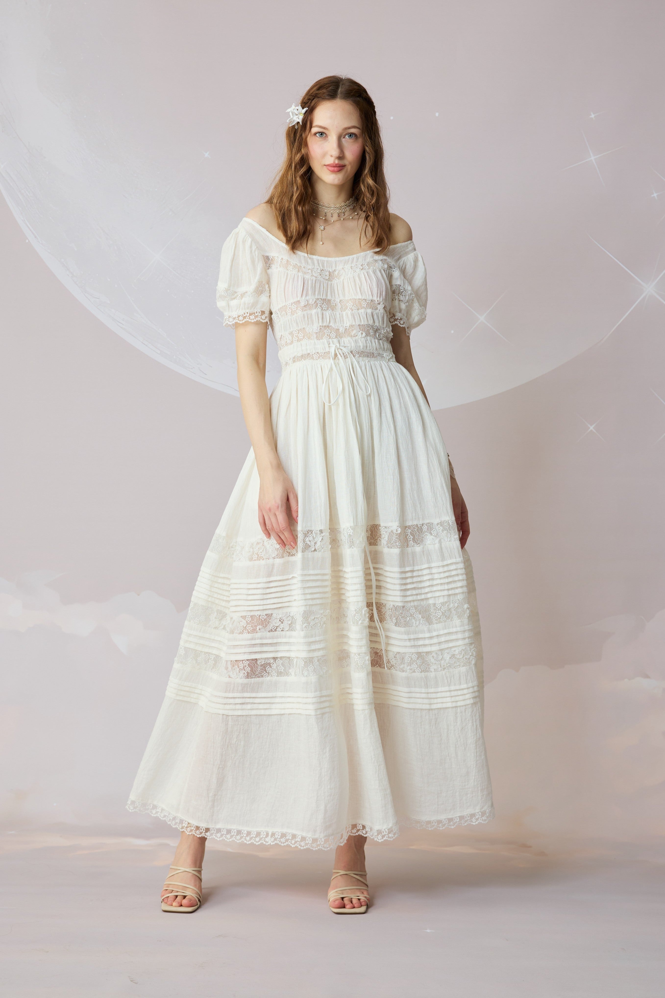 linen and lace dress Dawn 17 Color:Brown White Dots coconut celebrated for its sustainable DCL - Formal Meets