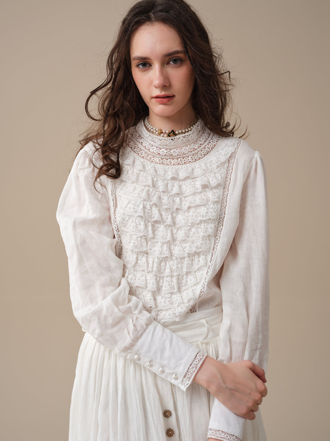 Stella 06 | Ruffled High-Neck Linen Blouse