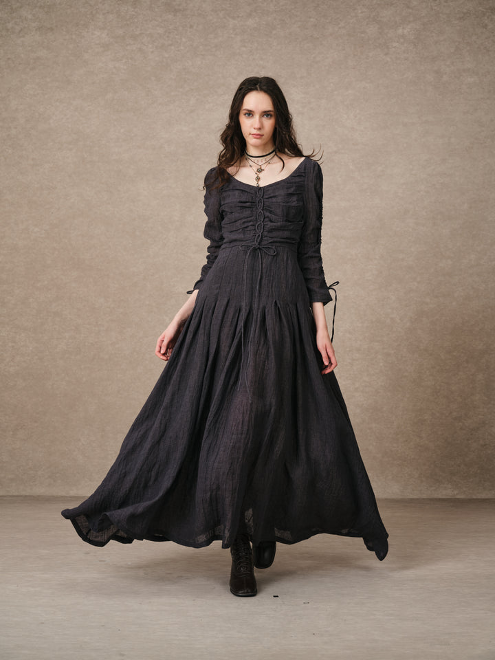 Emma 11 | Lace-Up Ruched Linen Maxi Dress