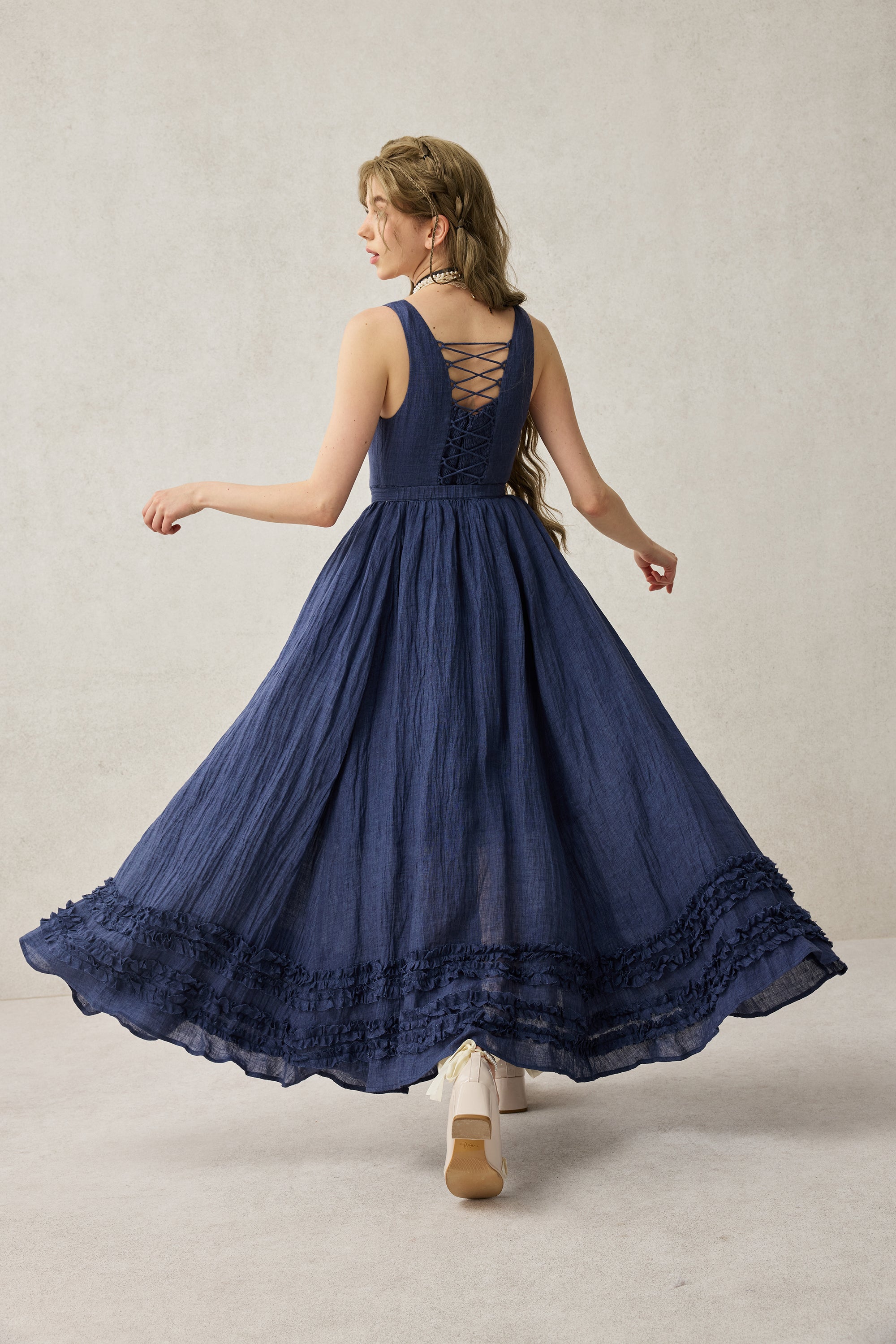 CFCL POTTERY REEF DRESS ネイビー drawer row Wearable Poetry 17 | Ruffled linen dress & skirt （2 pieces