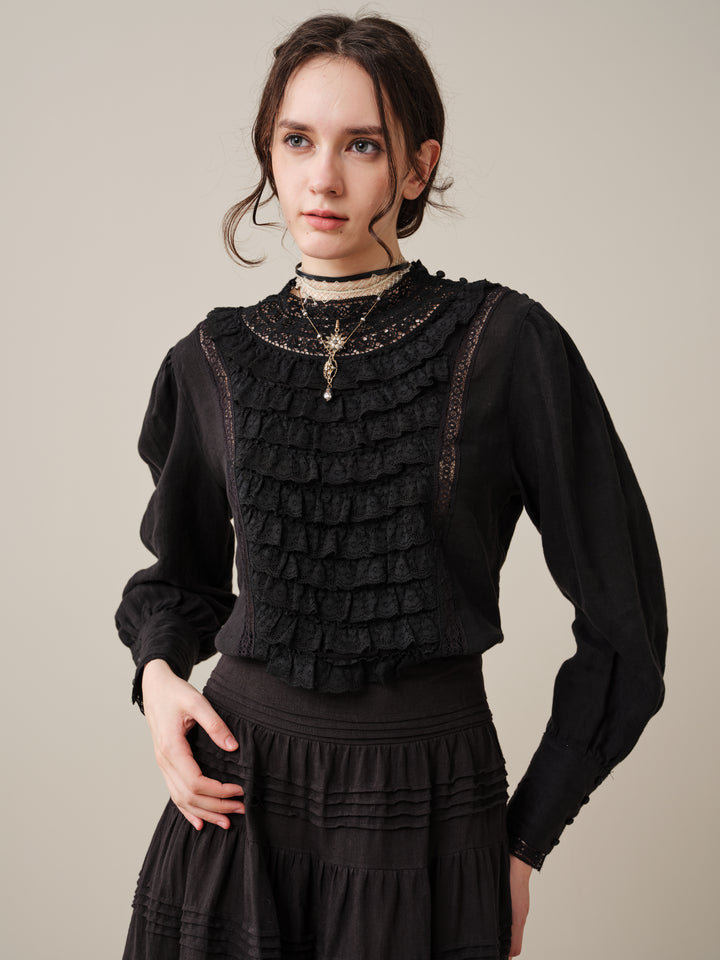 Stella 06 | Ruffled High-Neck Linen Blouse