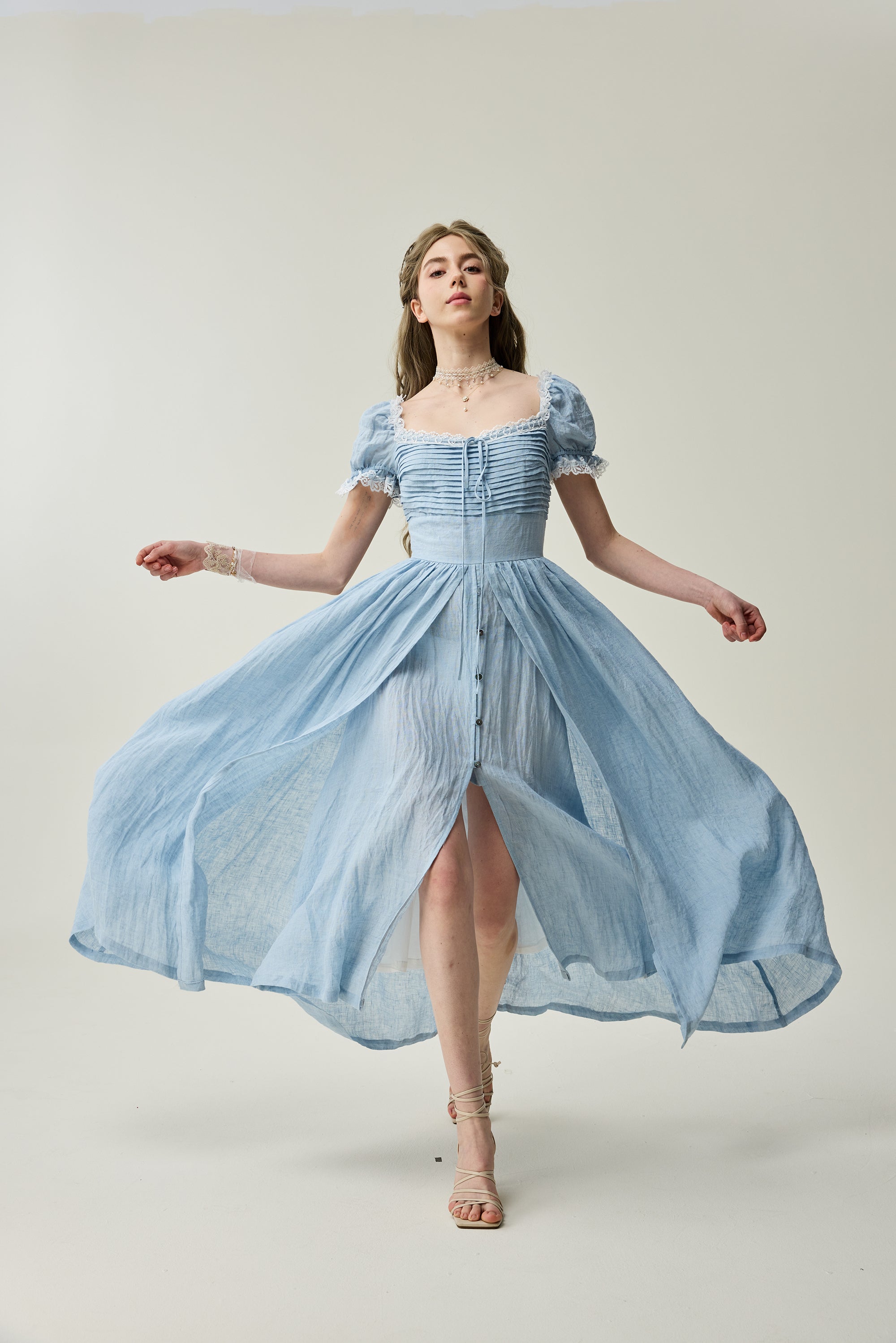 Monet Haze 26 | Fairy layered Linen Dress with pintucks – Linennaive