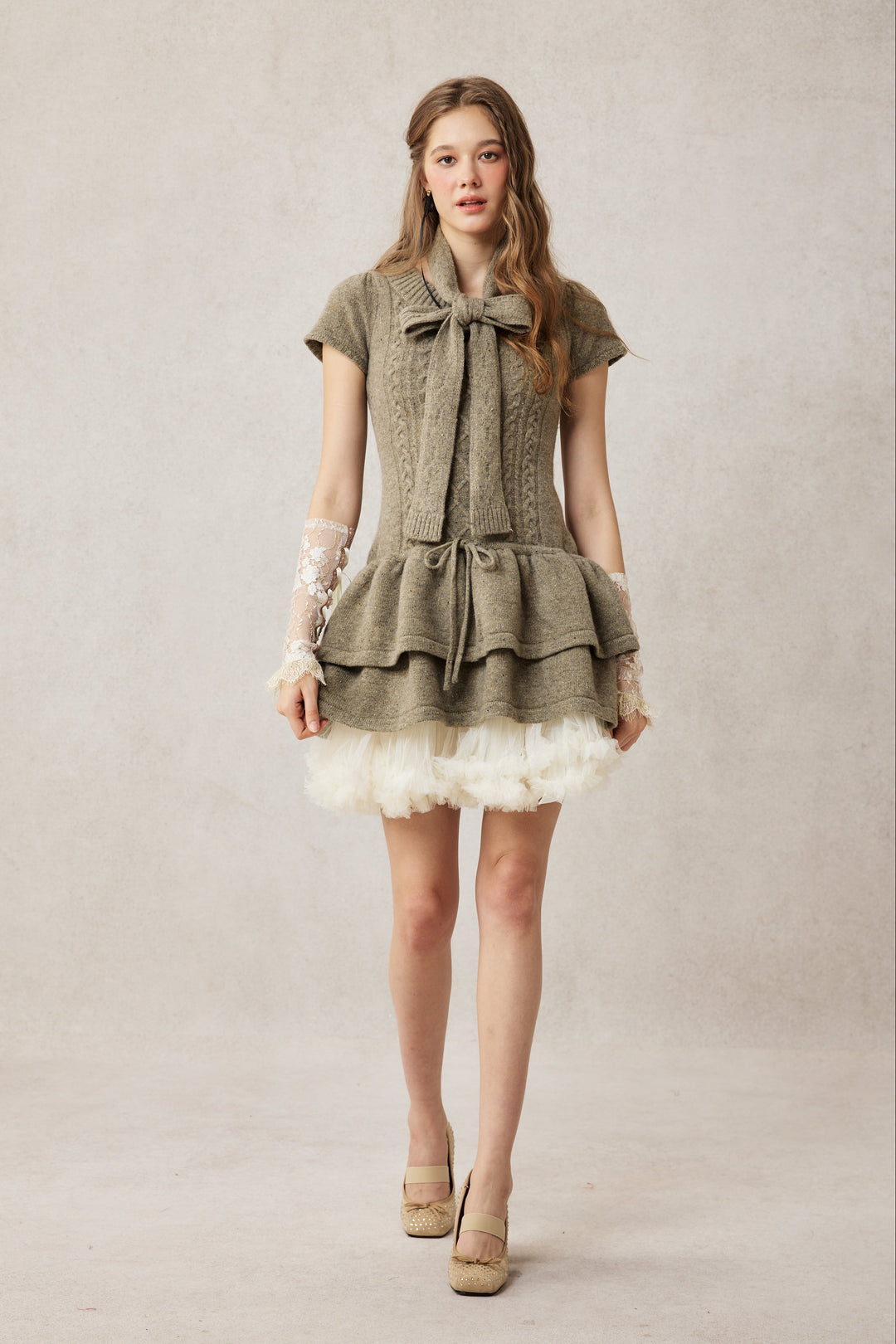Lilypond 13 | 100% Wool Cable Knit Tiered Dress with scarf
