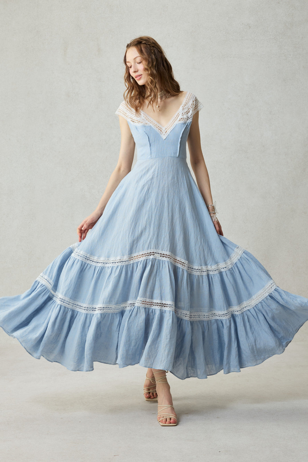 Cherry Tree 25 | Lace Linen flared dress Dreamy Blue / 2XL Cherry Tree 25 | Lace Linen flared dress Dreamy Blue / 2XL