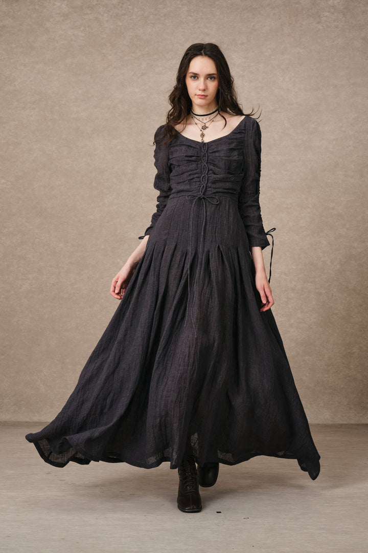 Emma 11 | Lace-Up Ruched Linen Maxi Dress