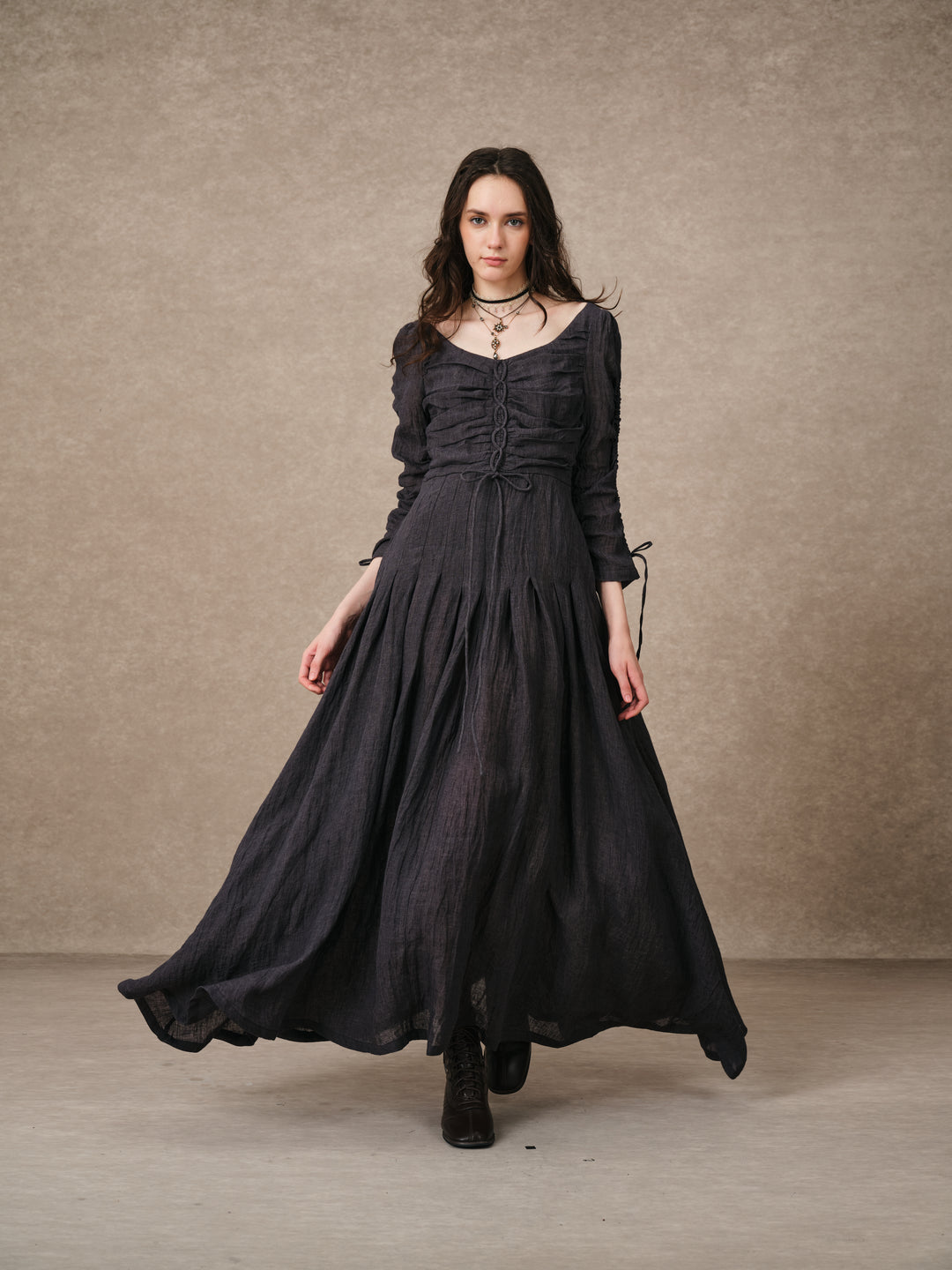Emma 11 | Lace-Up Ruched Linen Maxi Dress
