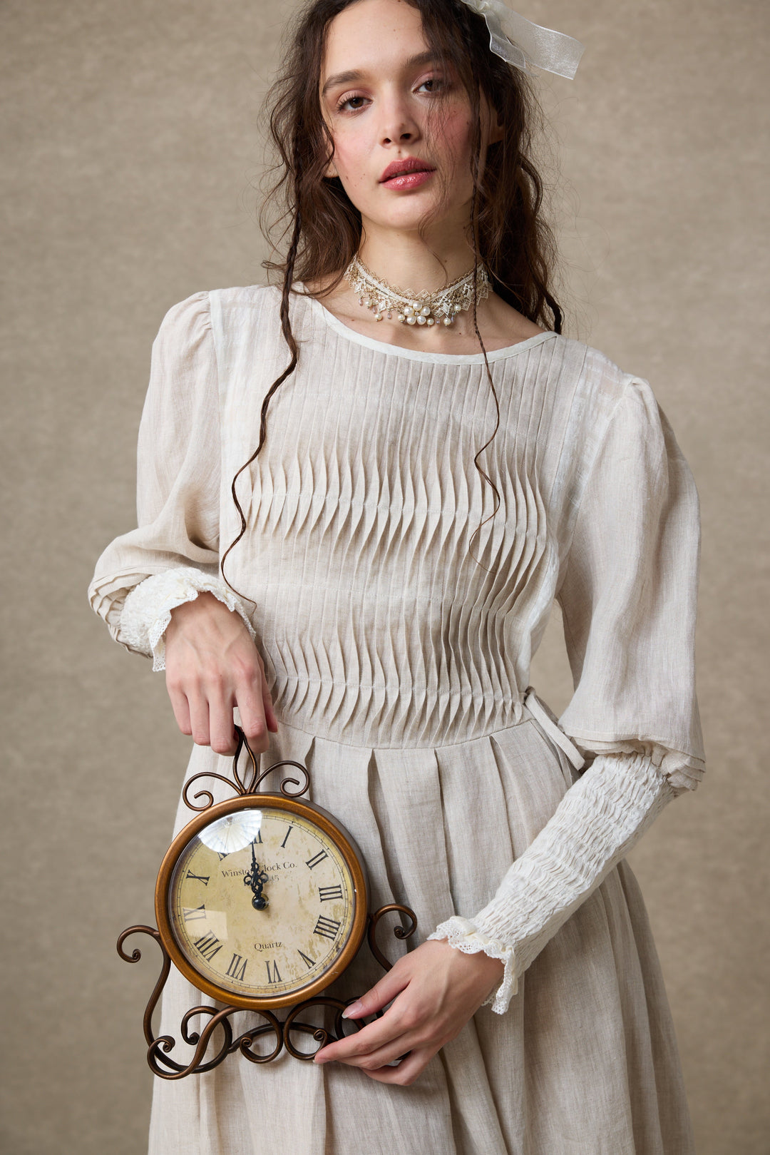 Eliana 15 | Pintucked Patchwork Linen Dress Off-White / XL Eliana 15 | Pintucked Patchwork Linen Dress Off-White / XL