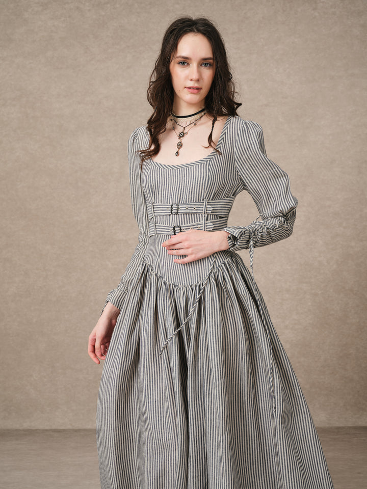 Clara 08 | Buckled Corset Striped Linen Dress