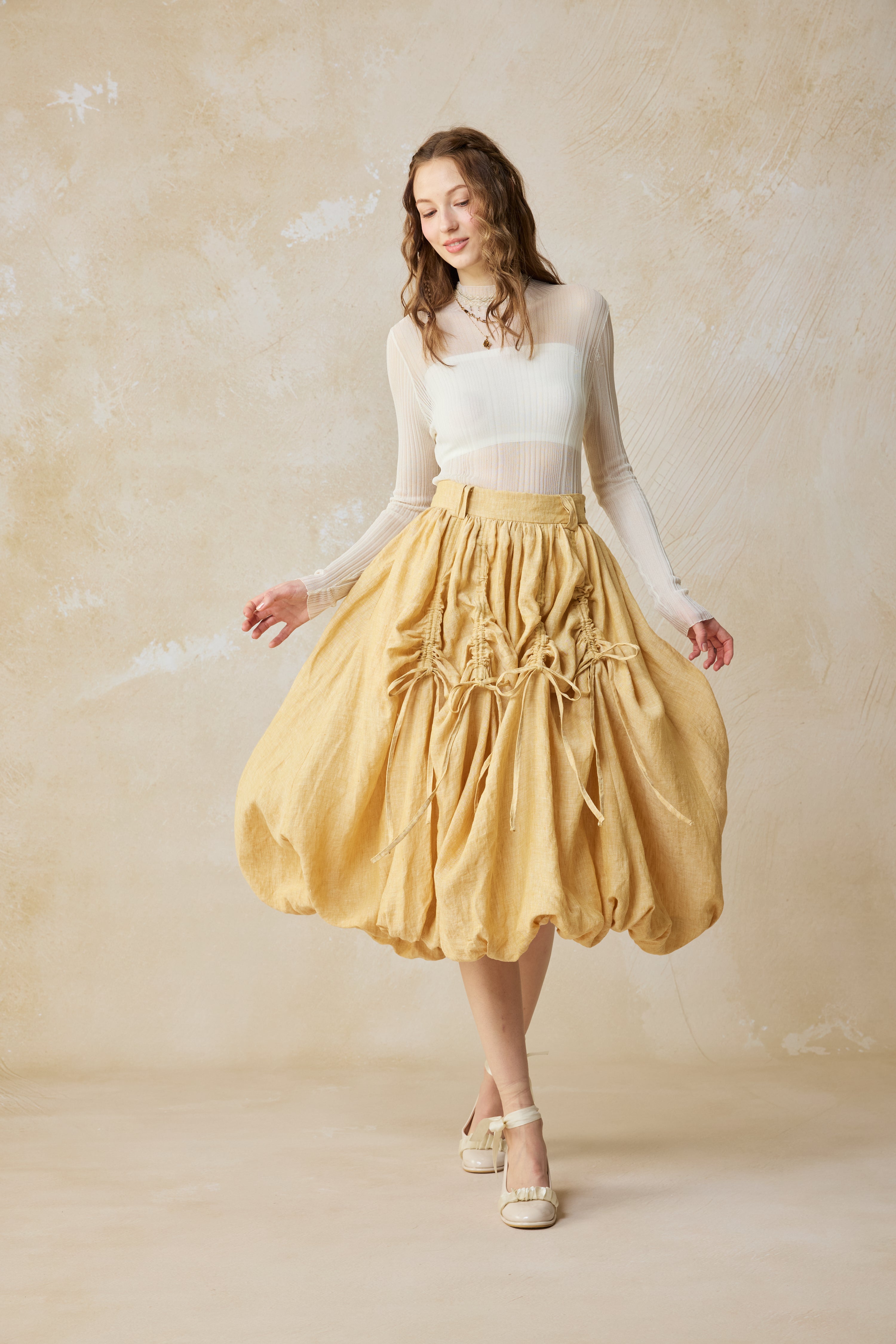 Deuxieme Classe Linen Flare Skirt サイズ34 Camellia Bubble 22 | Drawstring Bubble Linen Skirt – Linennaive